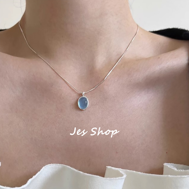 Jes Shop海蓝宝石月光石项链小众设计百搭高级感吊坠女饰品蛇骨链