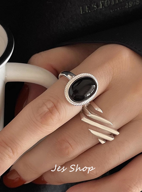 Jes Shop黑玛瑙螺纹圈戒指开口横切面线条冷淡风小众设计食指戒女