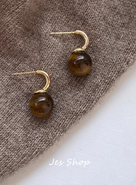 Jes Shop美拉德虎眼石耳钉圆形复古气质时尚小众百搭高级感耳饰女