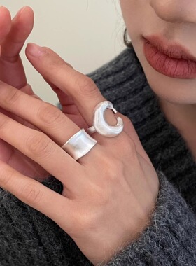 Jes Shop磨砂月亮戒指复古个性开口小众设计高级感ins风食指戒女