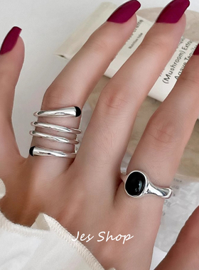 Jes Shop法式黑玛瑙戒指浪漫个性小众设计百搭多层曲线缠绕指环女