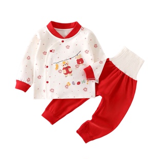 欧美婴儿红色拜年服纯棉 a类贴身分体套装宝宝高腰护肚秋衣秋裤