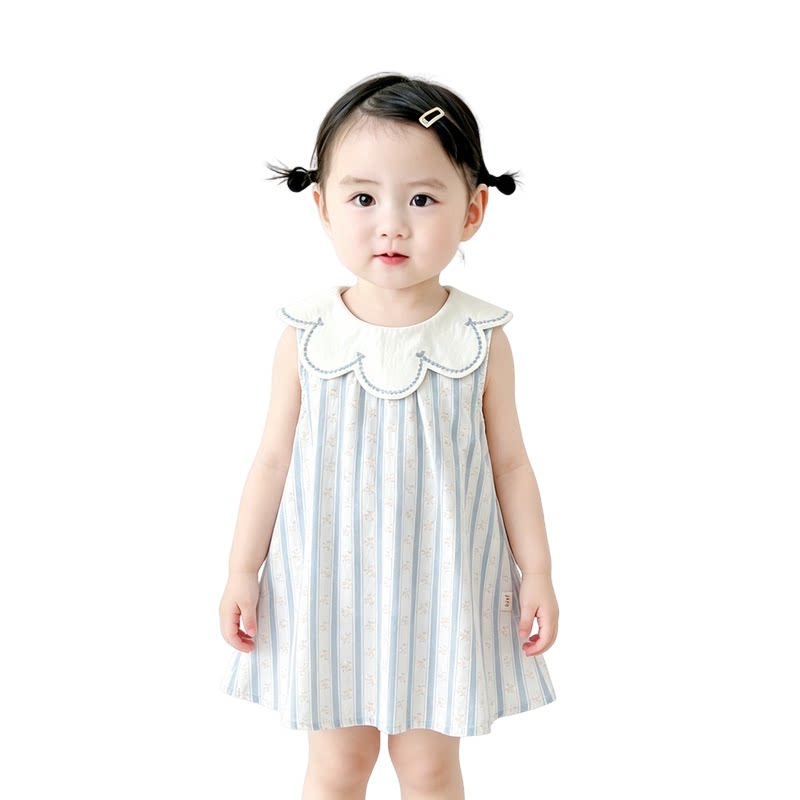 法国URCINS夏季连衣裙甜美条格纹花边领背心裙女宝娃娃领公主裙子