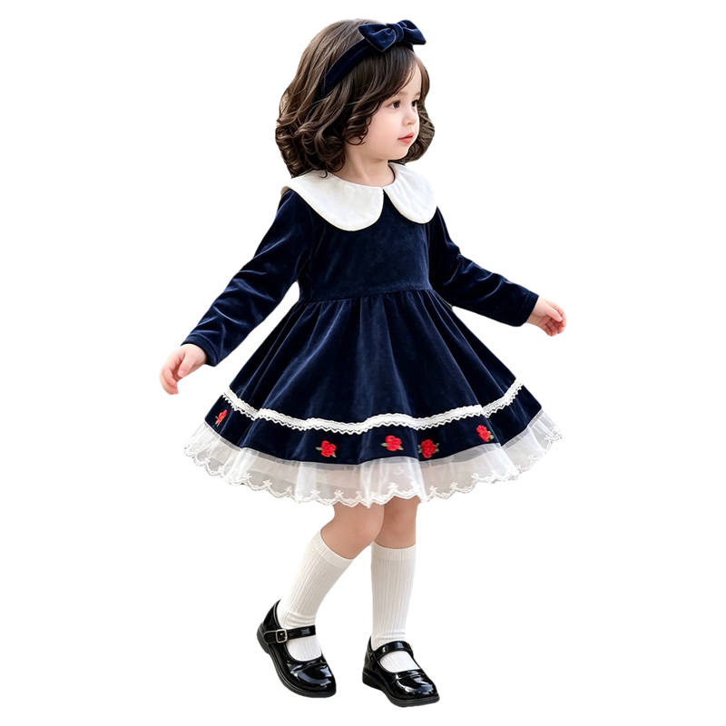 法国URCINS秋冬季圣诞长袖丝绒公主裙洛丽塔女孩子洋气周岁礼服裙