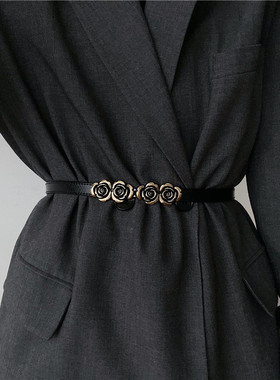 复古玫瑰花腰带女真皮装饰百搭配西装呢子大衣外套束腰腰封皮带细