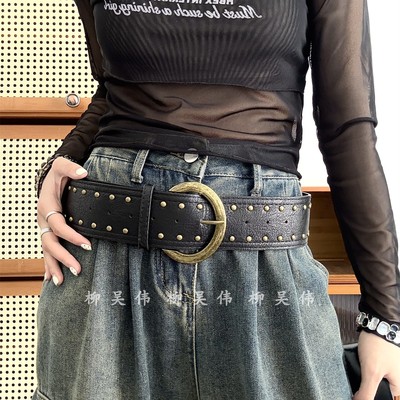 复古~铆钉宽版腰带配大衣羽绒服