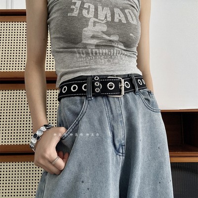 黑色免打孔全孔帆布皮带男女款·