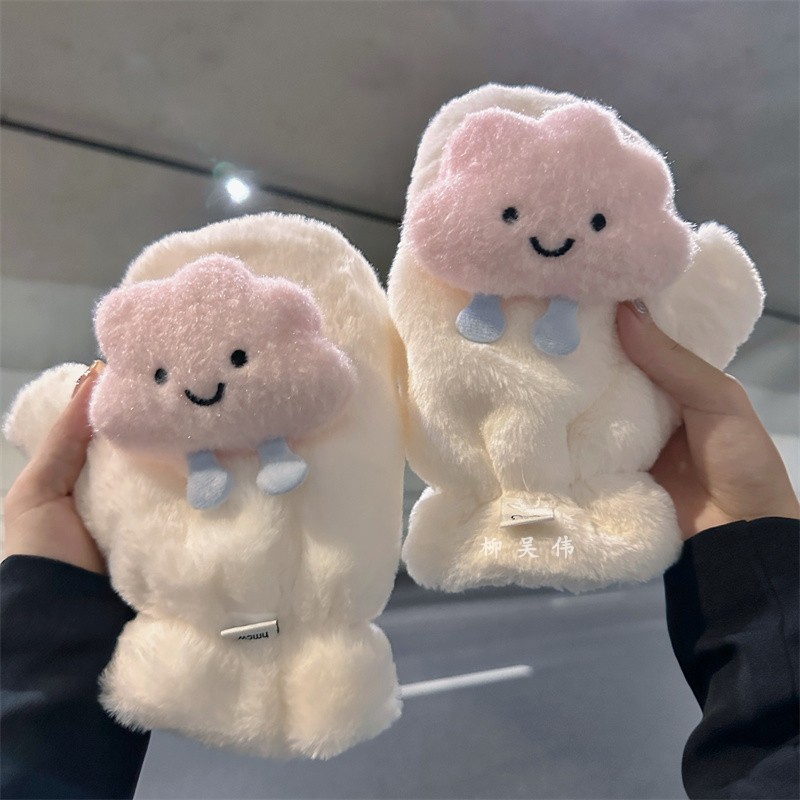 可爱手套女冬季加绒加厚保暖学生骑行挂脖连指骑车冬天毛绒防寒棉