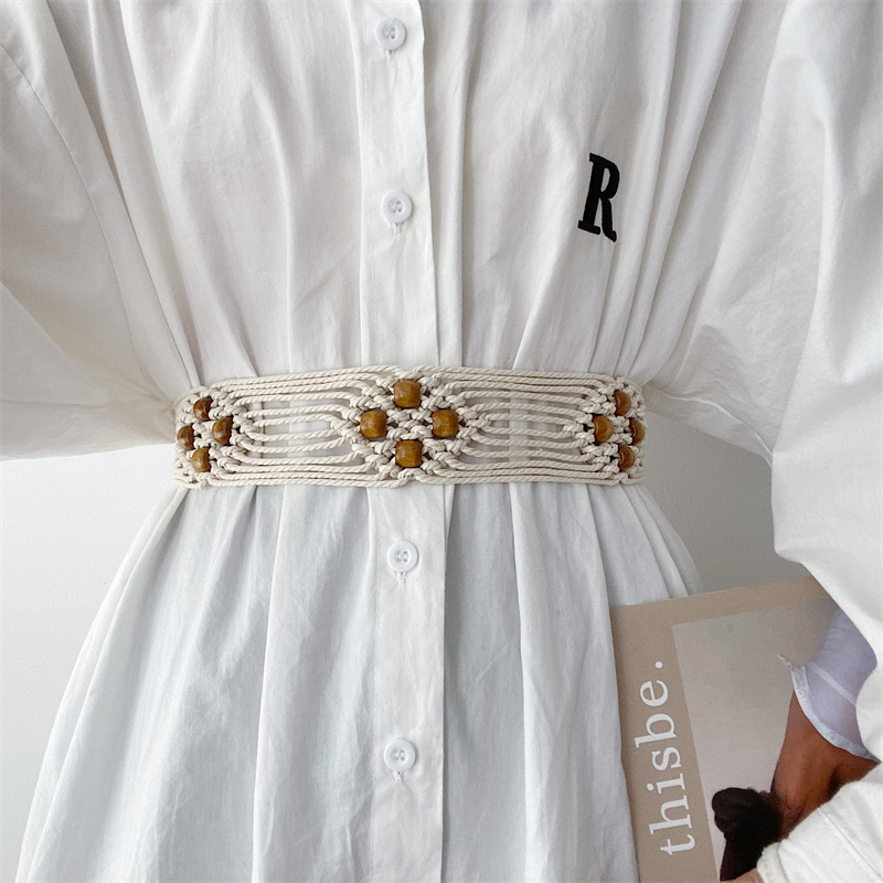 欧美高级感编织麻绳腰带女夏季打结百搭腰封女士优雅装饰收腰米色
