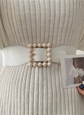 韩国新款ins风法式单品方扣珍珠腰带女气质好看百搭弹力松紧腰封