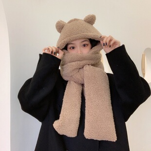 小熊护耳朵帽子女秋冬季可爱冬天毛绒围巾连帽一体韩版百搭保暖潮