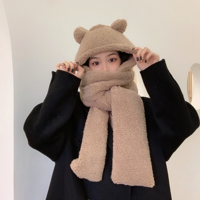 小熊护耳朵帽子女秋冬季连帽一体