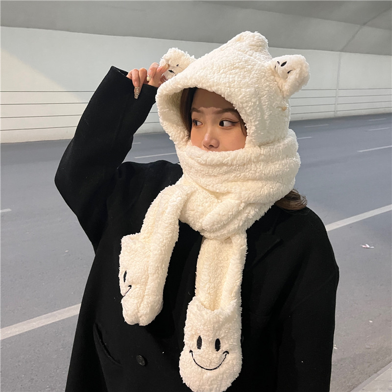 小熊帽子毛绒围巾一体女冬季可爱手套三件套围脖连帽骑车加厚保暖