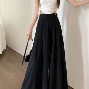 ins 小众显瘦百搭休闲长裤 设计感高腰阔腿裤 女春秋黑色垂感拖地裤
