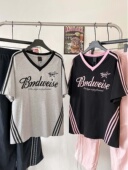 美式 甜酷风拼色三条杠V领短袖 T恤女2025夏季 情侣休闲宽松运动上衣