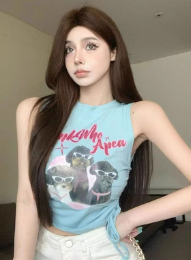 纯欲风辣妹印花无袖背心T恤女夏季小众高腰显瘦抽绳性感短款上衣
