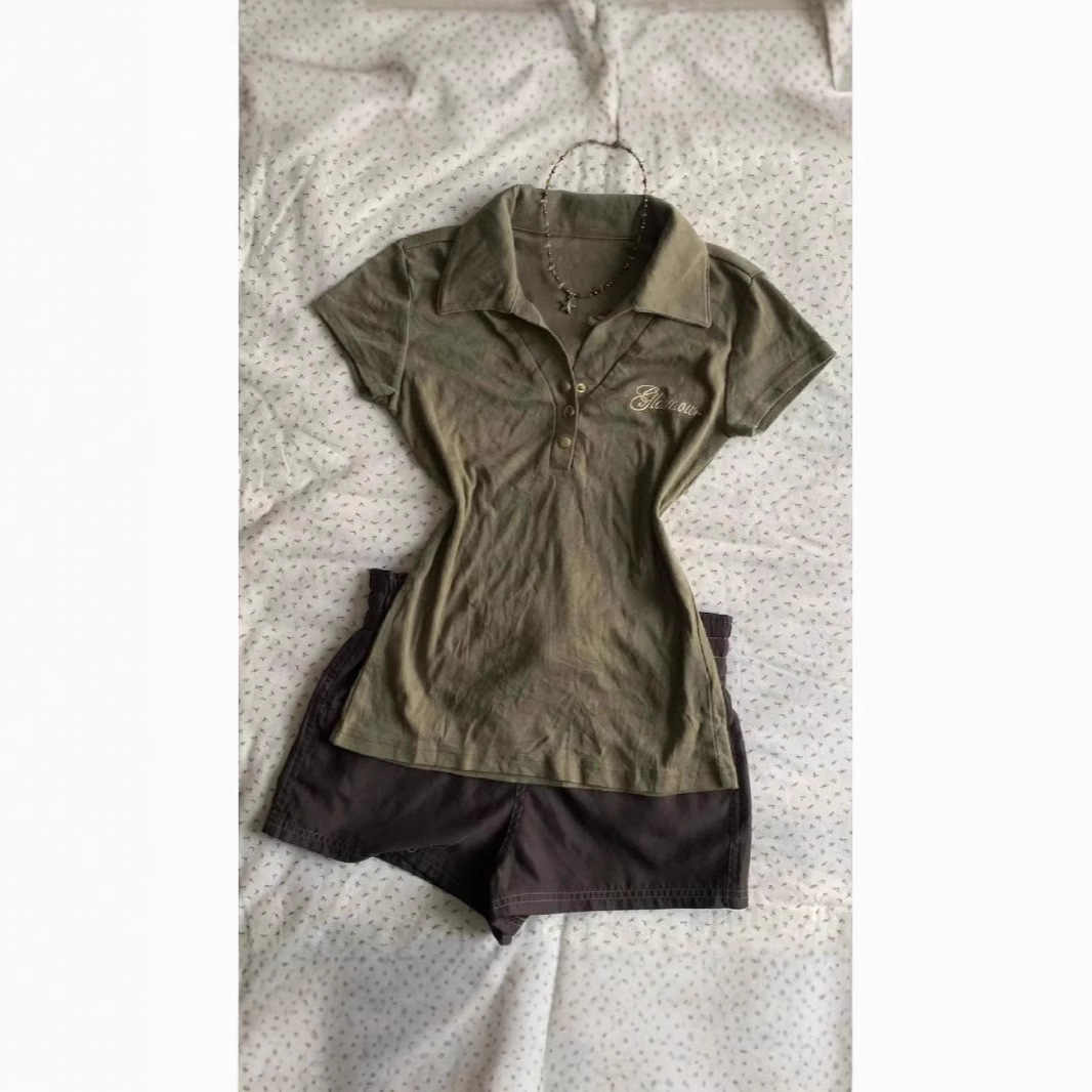 美式复古POLO领绿色短袖T恤女vintage穿搭收腰修身短款上衣ins潮