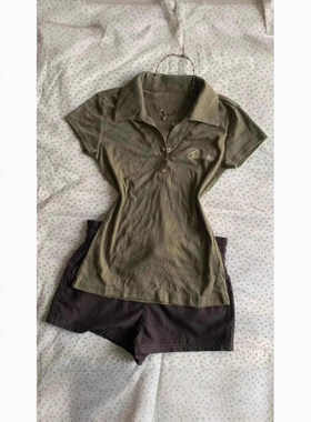 美式复古POLO领绿色短袖T恤女vintage穿搭收腰修身短款上衣ins潮