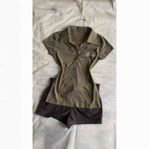 美式复古POLO领绿色短袖T恤女vintage穿搭收腰修身短款上衣ins潮