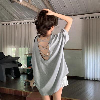 小心机性感露背短袖T恤女夏季2025新款设计感慵懒风宽松休闲上衣