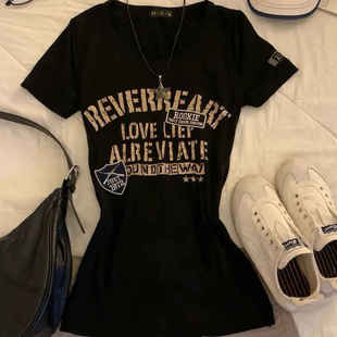 设计感字母印花正肩短袖上衣2025夏季新款百搭黑点修身收腰t恤ins