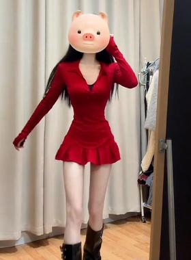 红色新年性感修身连衣裙子女秋冬2025新款新年战袍包臀短款短裙子