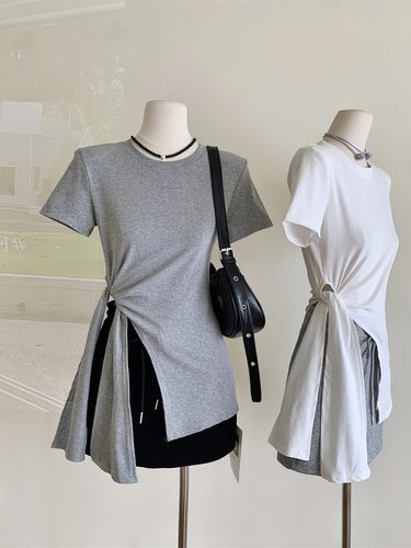 不规则系带正肩短袖T恤