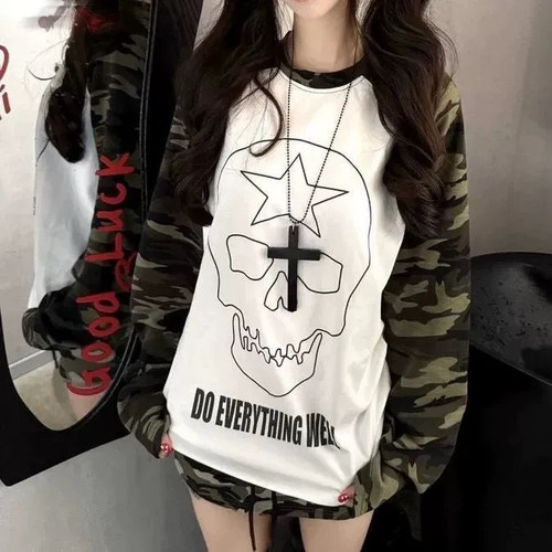 Pmiyc复古迷彩长袖T恤女宽松