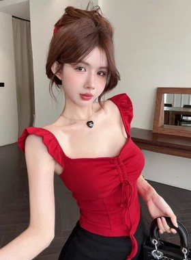 纯欲性感无袖修身t恤抽褶系带绝美红色短款辣妹吊带小飞袖上衣ins