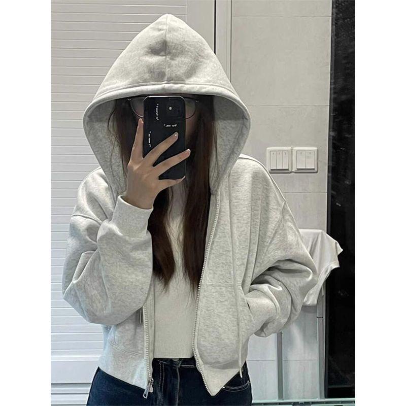 灰色短款简约卫衣外套女春秋加绒连帽拉链开衫设计感小个子上衣潮
