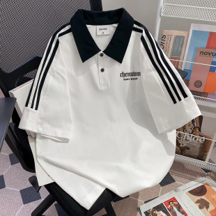 潮牌撞色翻领POLO衫短袖T恤2026新款宽松休闲情侣款上衣ins