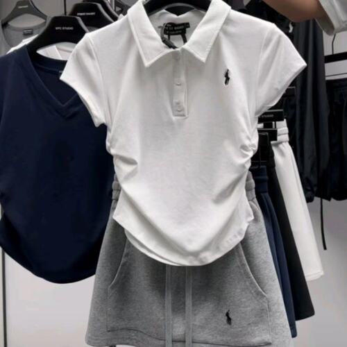 辣妹显瘦polo领短袖T恤女夏季2024新款设计感简约抽褶修身上衣ins