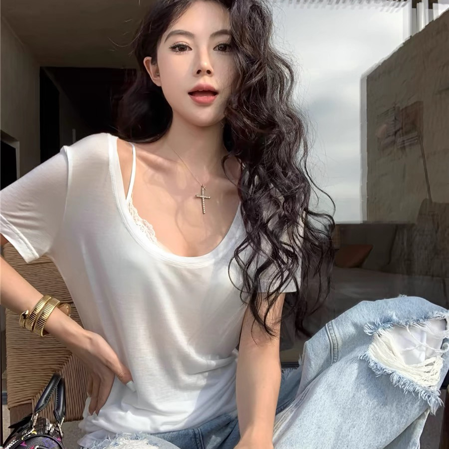 韩系白色u领短袖T恤女夏季防晒微透罩衫薄款内搭chic简约打底上衣