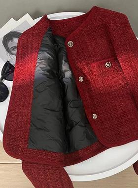 新款2025加厚小香风外套女酒红色短款小个子加厚设计感别致上衣潮