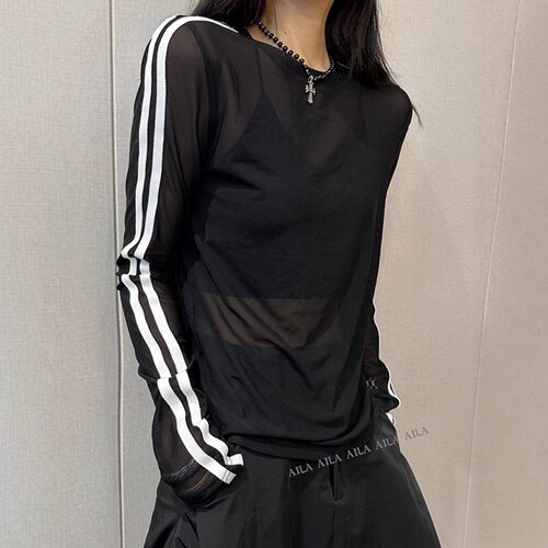 微透薄款黑色网纱防晒t恤女长袖设计感宽松显瘦拼接上衣ins