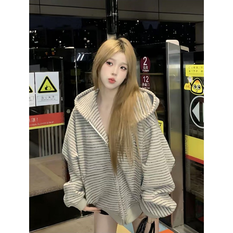 美式连帽条纹撞色卫衣女宽松慵懒风秋季小众设计感拉链开衫外套潮