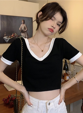 短款上衣女夏季2025新款修身V领设计感小众白色紧身短袖T恤打底衫