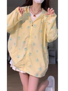 多巴胺黄色可爱小狗脚印防晒衣女夏季新款oversize小个子宽松外套