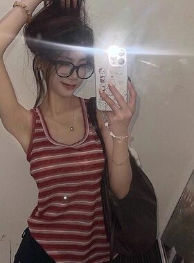 美式复古红色条纹U领吊带背心女辣妹修身显瘦百搭小众上衣