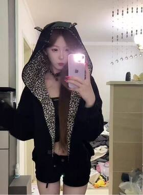 甜酷风豹纹连帽开衫卫衣女秋冬加绒黑色宽松拉链外套休闲ins潮