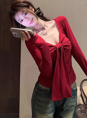 纯欲风蝴蝶结设计感红色V领长袖T恤女2025新款修身显瘦打底衫上衣
