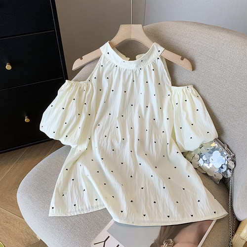 法式小心机爱心印花挂脖露肩上衣女夏季洋气减龄蝴蝶结波点衬衫