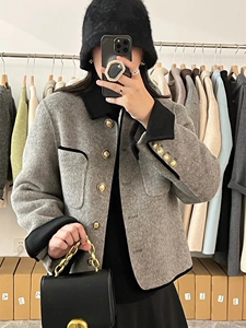 新款双面羊绒大衣女2023秋冬季短款百搭韩版撞色小个子羊毛呢外套