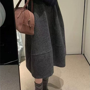 设计感高腰A字半身裙女秋冬毛呢小众显瘦花苞中长款通勤裙ins