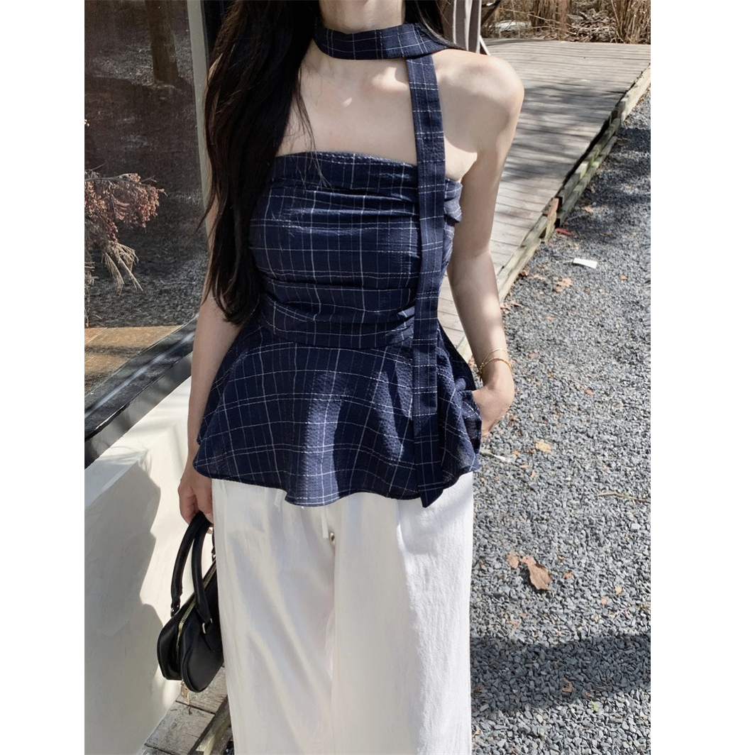 复古撞色辣妹格子抹胸背心女夏季小众荷叶边修身露肩短款小上衣潮