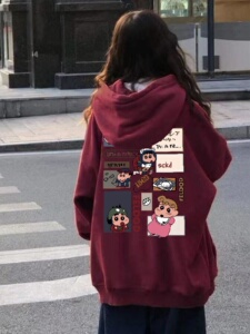 卡通印花加绒连帽卫衣女秋冬加绒新款ins潮美式宽松百搭长袖上衣