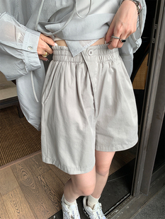 设计感纯色短裤 女松紧高腰一粒扣休闲五分中裤 小个子阔腿短裤 夏季