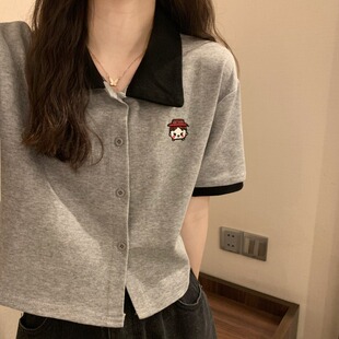 高级感灰色t恤女短袖2025年夏季高腰短款Polo领刺绣百搭正肩上衣