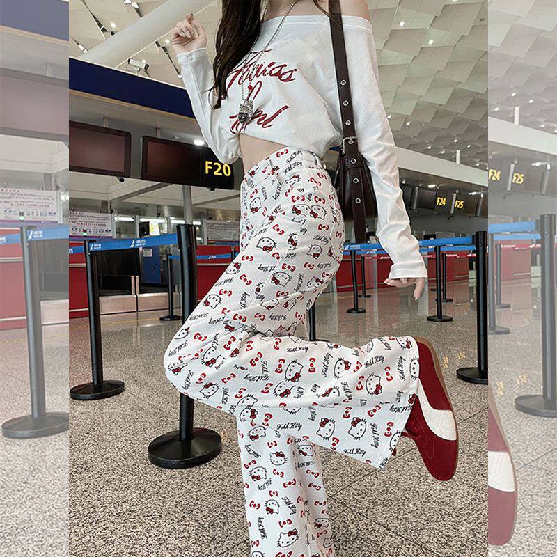 美式卡通kt猫印花阔腿牛仔裤女春夏秋小个子高腰宽松显瘦拖地长裤