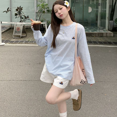 2025新款韩版百搭显瘦条纹长袖防晒T恤女夏季宽松中长款薄款上衣